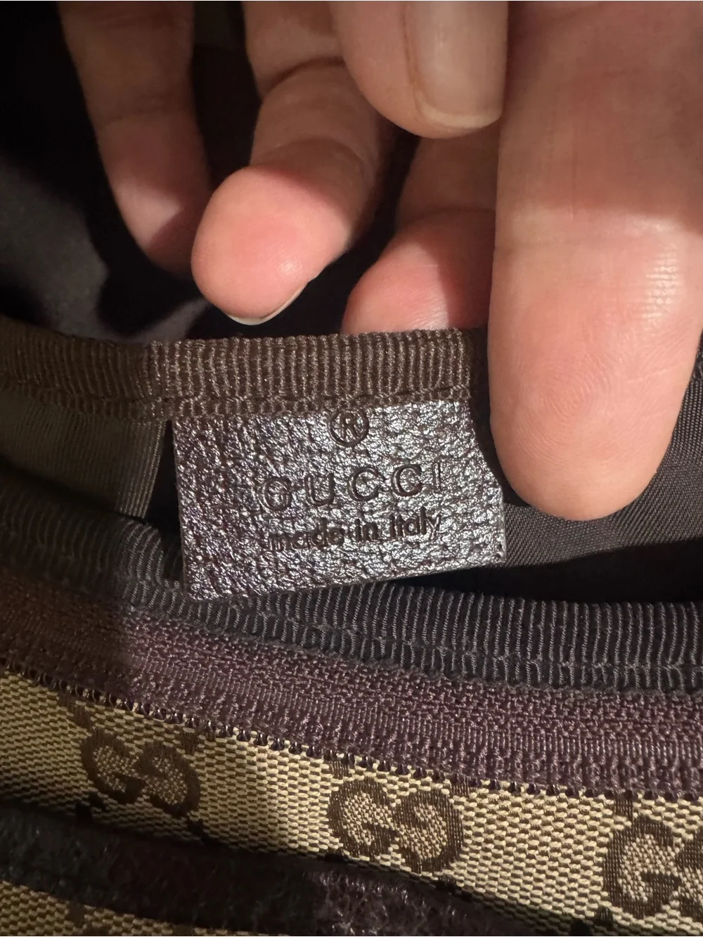 Gucci Beige GG Canvas Baby Messenger Bag with Dark Brown Trim
